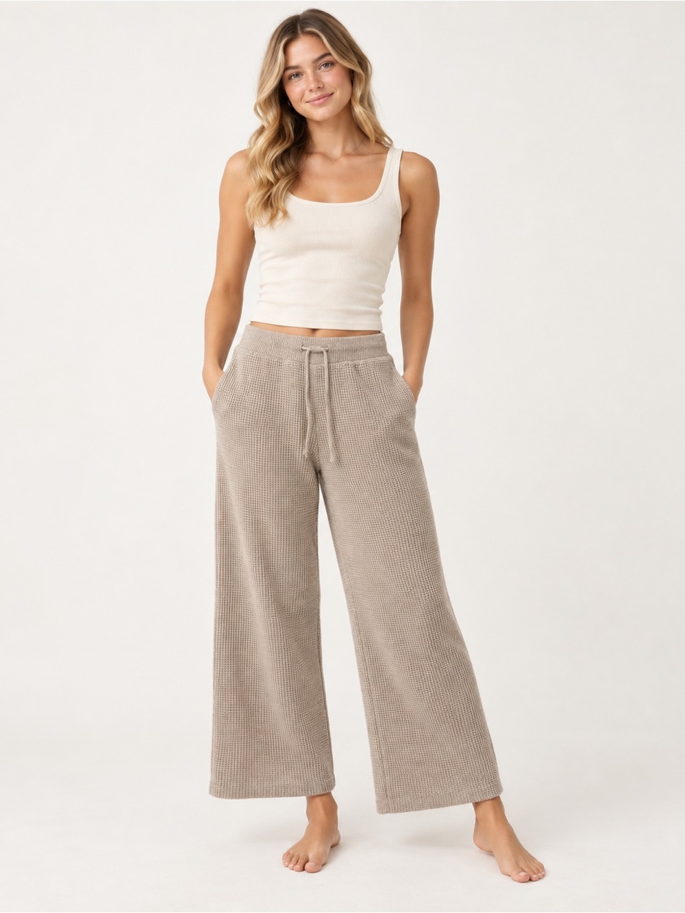 Aerie Waffle Wide Leg Knit Lounge Pants in Taupe small short